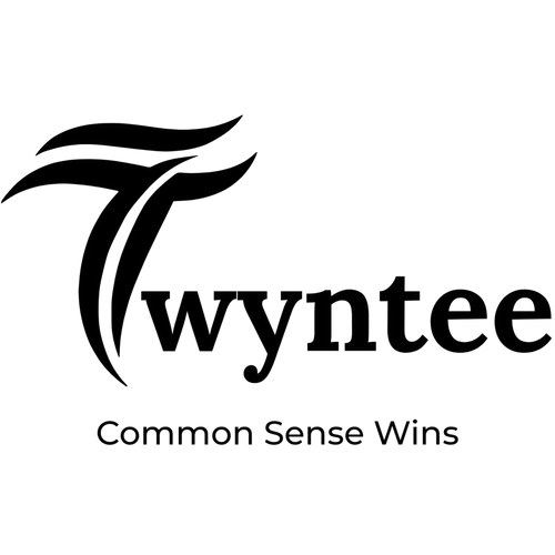 Black logo of 'Twyntee' with tagline 'Common Sense Wins' on a clear background